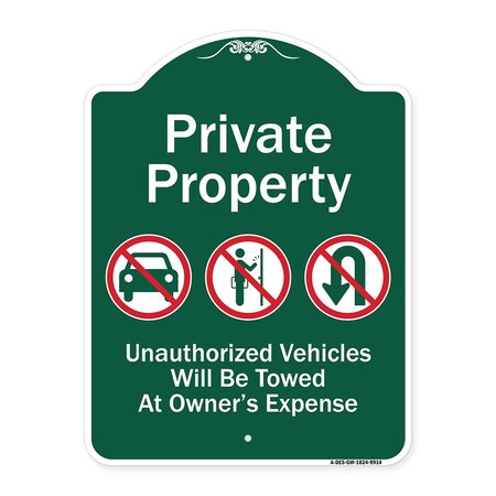 Signmission Private Property Unauthorized Vehicles Towed No Cars No Solicitors No Turn Around Sym, GW-1824-9914 A-DES-GW-1824-9914